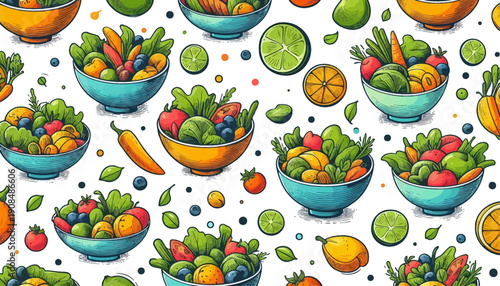 salad bowls vector seamless pattern with fresh and colorful vegetables and fruits in hand drawn design