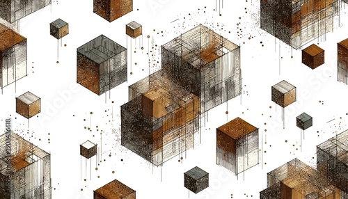 techy and grungy 3d squares seamless vector background in brown gold and gray colors