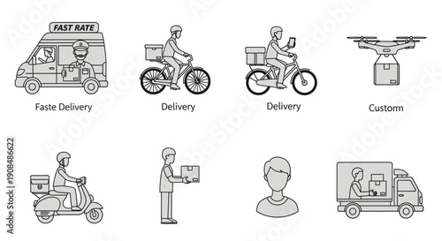Delivery service icons depicting various transportation methods and personnel