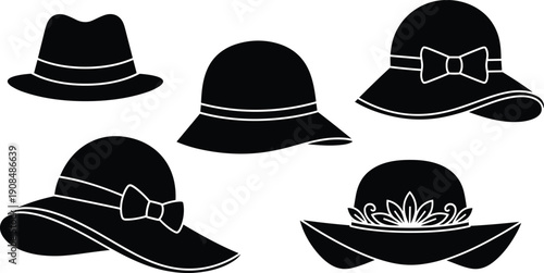 Hat silhouette illustration set, five black icons fedora cloche wide-brim bow floral decorative fashion design, vector artwork, clothing and style theme, isolated background