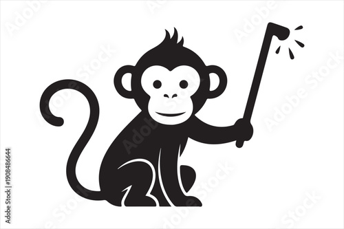A playful monkey holding a magic wand with a starburst effect at the tip. Vector, illustration
