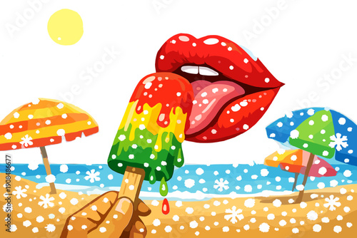 On a sunny beach, bright red lips relish a melting popsicle while colorful umbrellas blur in the backdrop, and unexpected snow falls, striking a vivid summer contrast