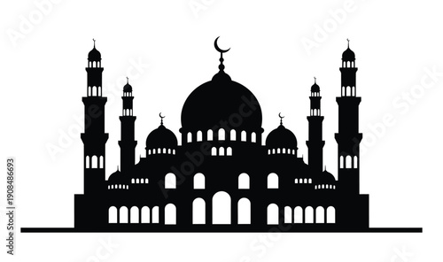 Black mosque silhouette with minarets and dome for Ramadan and Eid design