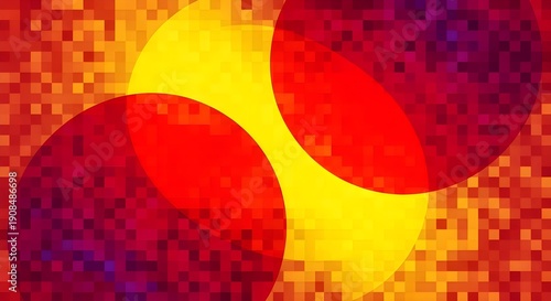 Abstract Digital Pattern: Vibrant red and yellow circles on pixelated mosaic background, modern geometric art, technology data visualization, creative graphic design, energy and connection concept