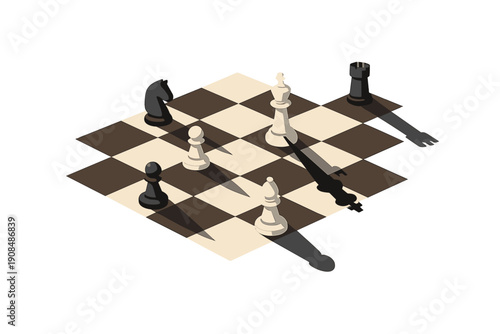 In a chess match, shadows fall at unexpected angles, evoking a surreal, abstract vibe that tests how players perceive the game's rules and strategies—minimalist, clean, and clear