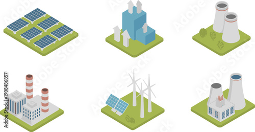 Isometric flat vector illustration set of energy production facilities including solar panels, wind turbines, nuclear power plants, and industrial factories, cad drawing