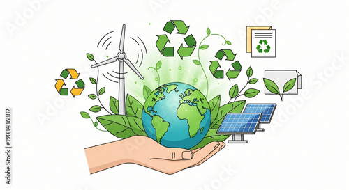 A vector illustration concept of hands holding a green planet earth sphere symbolizing environmental ecology and nature conservation