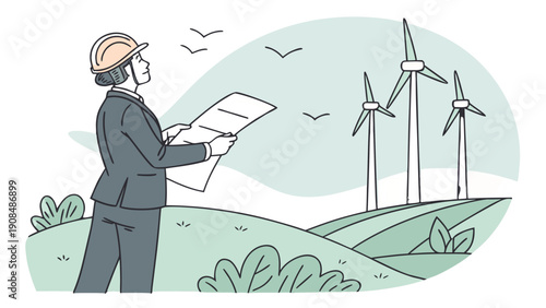 Wind Energy Engineer, Blueprints Planning Sustainable Wind Farm Construction Vector, female engineer wearing a hard hat and suit, holding rolled-up blueprints, three wind turbines on green hills.