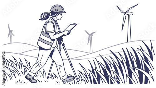 Female Land Surveyor with Clipboard and Safety Vest at Wind Energy Site Vector, illustration in dark blue tones depicting a female surveyor wearing a safety vest and hard hat, GNSS GPS Pole