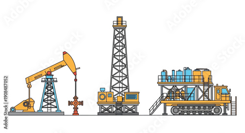 Illustration of an oil field with a drilling rig and pumping jack