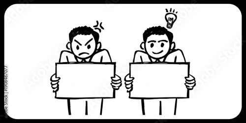 Critical Thinking and Protest Concept. Duo Illustration of Characters with Innovative Ideas and Social Demands Holding Blank Signs.