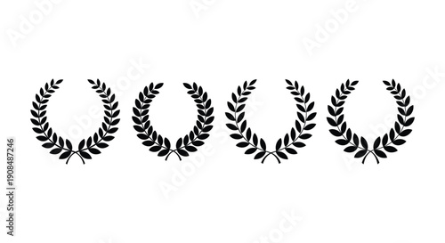 Set black silhouette circular laurel foliate, wheat and oak wreaths depicting an award, achievement, heraldry, nobility on white background. Emblem floral greek branch flat style - stock vector