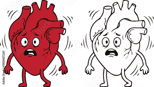 Cartoon depiction of a healthy heart versus a weakened heart with emotional expressions Vector, illustration