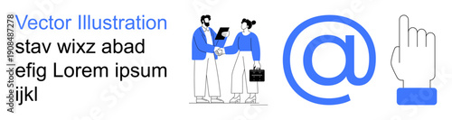 Business dealings, professional networking, communication tools, email usage, digital marketing, workplace culture. Two professionals shaking hands near an email icon. Business dealings