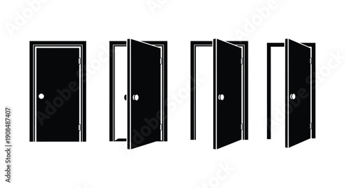 Set of Black Door Icons Showing Open and Closed Positions Isolated on White Background
