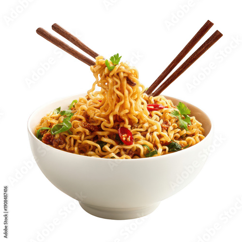 Bowl of noodles with chopsticks isolated on a transparent background