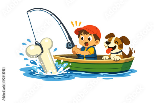 A playful illustration shows a curious boy and his joyful dog on a fishing trip in a tiny boat, unexpectedly catching a huge bone from the water, creating a delightful surprise