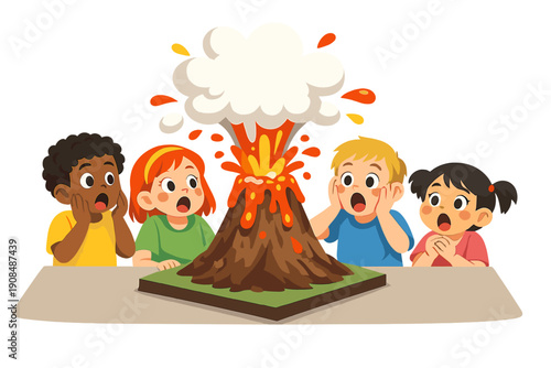 A group of children watches a science experiment with wide-eyed amazement as a volcano model erupts unexpectedly