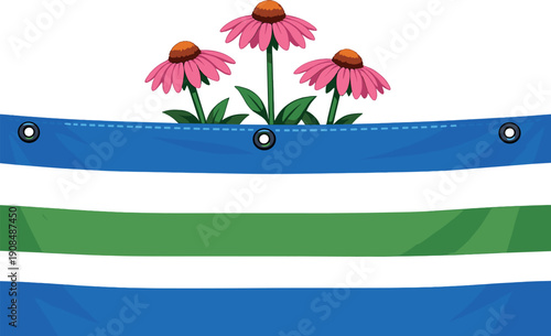 Gentle Echinacea blossoms rise from a vivid striped tarp, set against an atmospheric backdrop