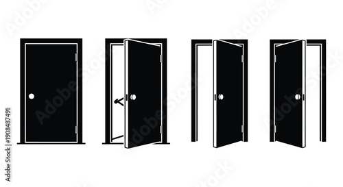 Set of Black Door Icons Showing Open and Closed Positions Isolated on White Background
