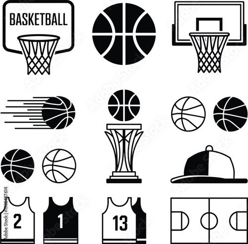 Basketball Sports Icon Set Featuring Balls Hoops Jerseys Trophy And Court Design Elements For Tournament Branding College Athletics And Game Graphics