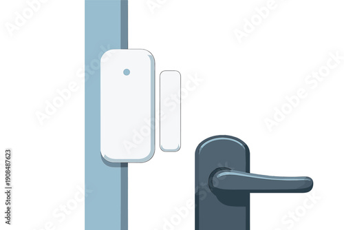 A close-up of a door sensor positioned precisely on a front door, poised to activate an alarm if the door opens unexpectedly