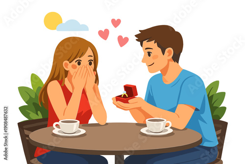 A young European-looking couple sits at a table on a summer day, sipping tea; suddenly he presents her with a ring in a box, embodying love, passion, youth, and support