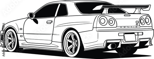 Classic Japanese Sport Coupe Rear View Silhouette Vector Illustration Featuring Custom Spoiler and Tail Lights for Automotive Tuning and JDM Branding