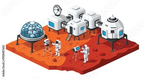 A futuristic mars base with astronauts conducting research and exploration