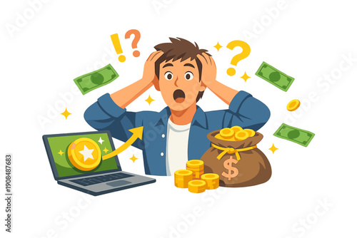 A confused man exemplifies the reaction to an unexpected large prize win or substantial online earnings—serendipity illustrated