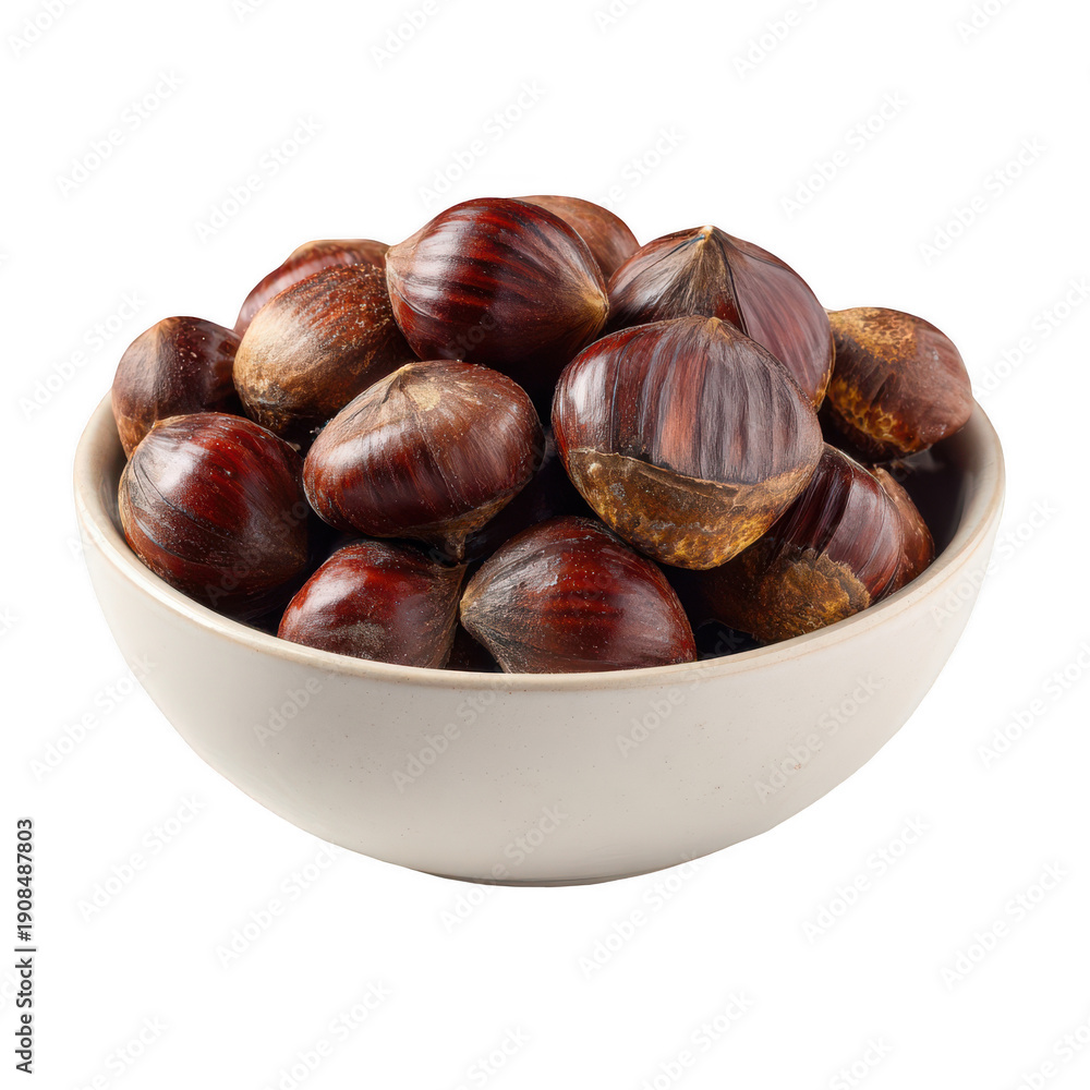 Fototapeta premium Chestnuts in a white bowl isolated on a transparent background