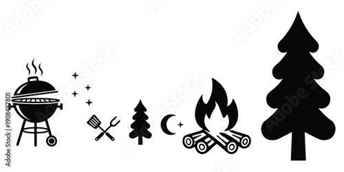 Black Icons Representing Outdoor Activities: Grill, Campfire, Trees, Moon, Stars Keywords: barbecue, grill, campfire, fire, logs