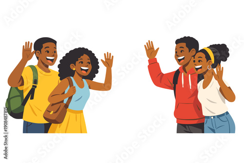 Smiling, excited African American friends wave enthusiastically, exchange joyful greetings, and prepare to take a leisurely stroll together; two happy couples of black students spot each other from