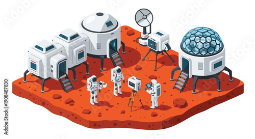 A futuristic mars base with astronauts exploring the red planet surface