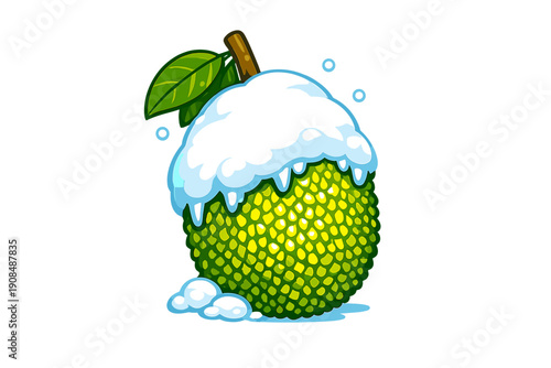 A bright tropical jackfruit, surprisingly draped in a shimmering layer of winter snow