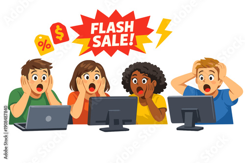 Flash Sale Frenzy: Show a group of online shoppers staring in disbelief at their computer screens, mouths agape, as they encounter unexpectedly low prices during a flash sale, unable to believe their