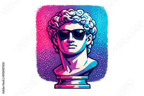 A classic bust, strikingly cool in modern sunglasses, illuminated by vivid neon against a textured backdrop