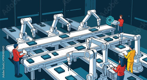 Robotic arms working on assembly line in smart factory with people