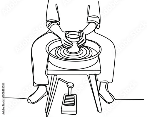 Potter shaping clay on wheel, continuous line drawing, craft workshop