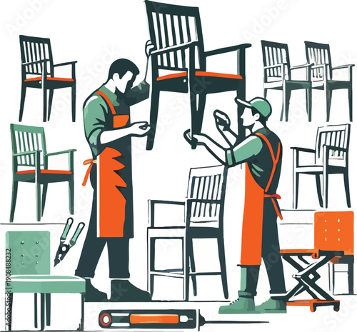 Furniture restorers working on chairs with tools restoration