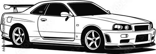 Classic Japanese Sport Coupe Silhouette Vector Illustration Featuring Custom Spoiler and Body Kit for Automotive Tuning Racing Culture and JDM Branding