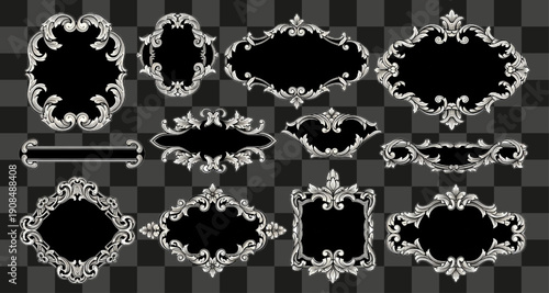 Baroque Frames Vector Collection Ornate Cartouches Engraved Scrollwork Borders Filigree Illustration Silver Grey