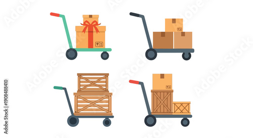 Colorful illustrations of hand trucks carrying and stacking cardboard boxes