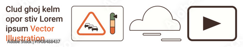 Road safety, smoking awareness, technology, data storage, minimalism, media concepts. Warning triangle with cars, cigarette icon cloud design and play button. Road safety and smoking awareness