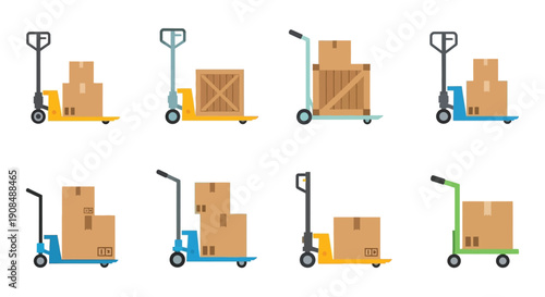 Various types of hand trucks and pallet jacks transporting cardboard boxes