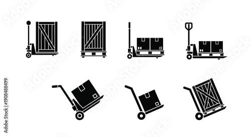 Black and white icons depicting various types of shipping and handling equipment
