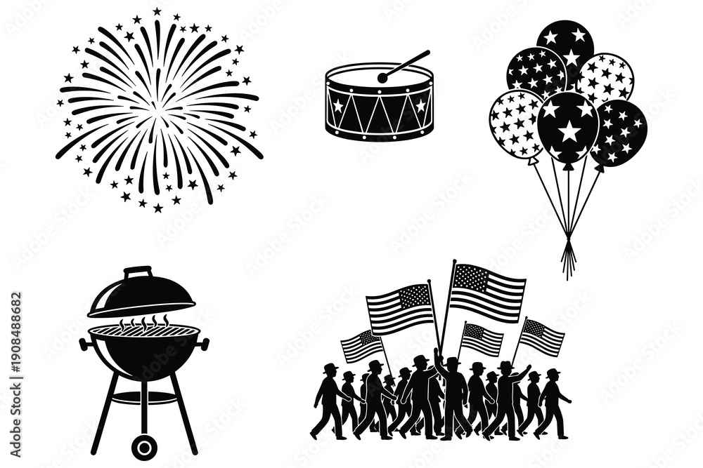 Fototapeta premium Black Silhouettes of Patriotic American Celebration Elements on White Background fireworks drum