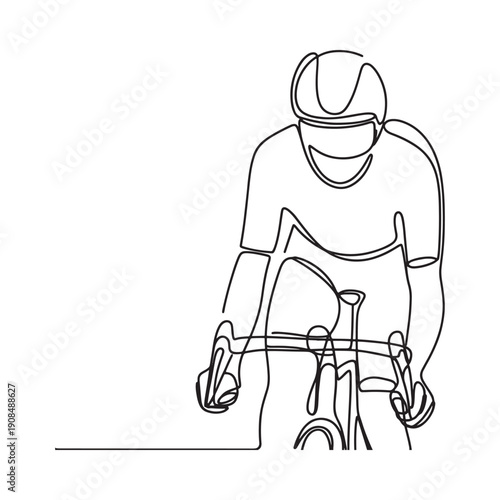 A continuous line drawing depicts a cyclist riding a bicycle focused on movement
