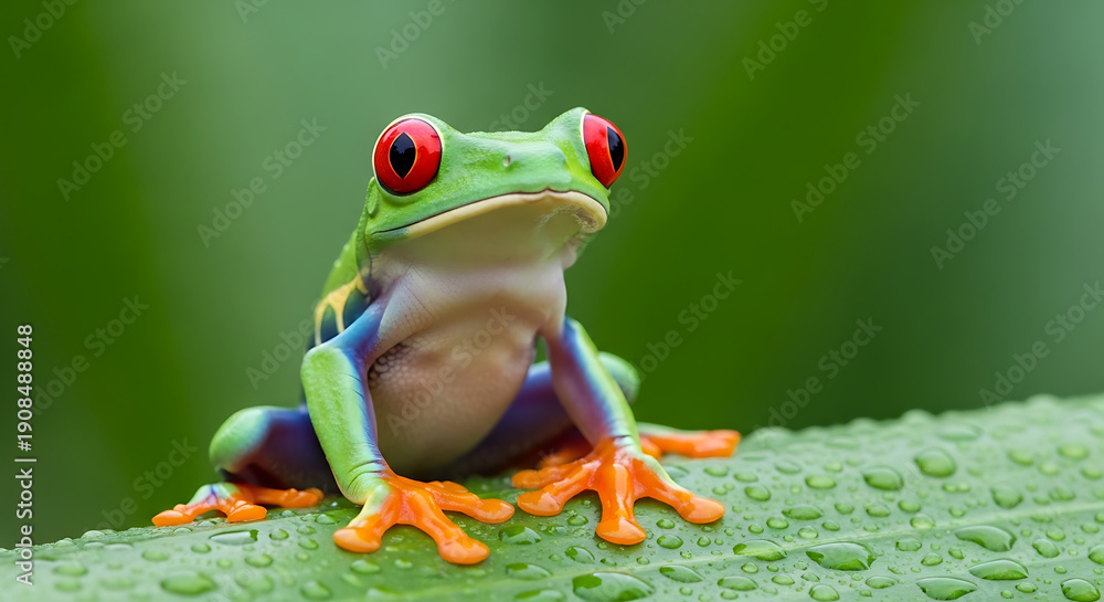 Obraz premium Red-eyed tree frog sitting on wet green leaf in rainforest