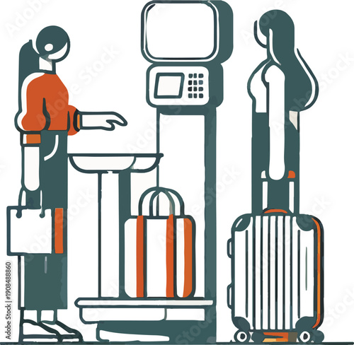 People weighing luggage at airport check-in counter